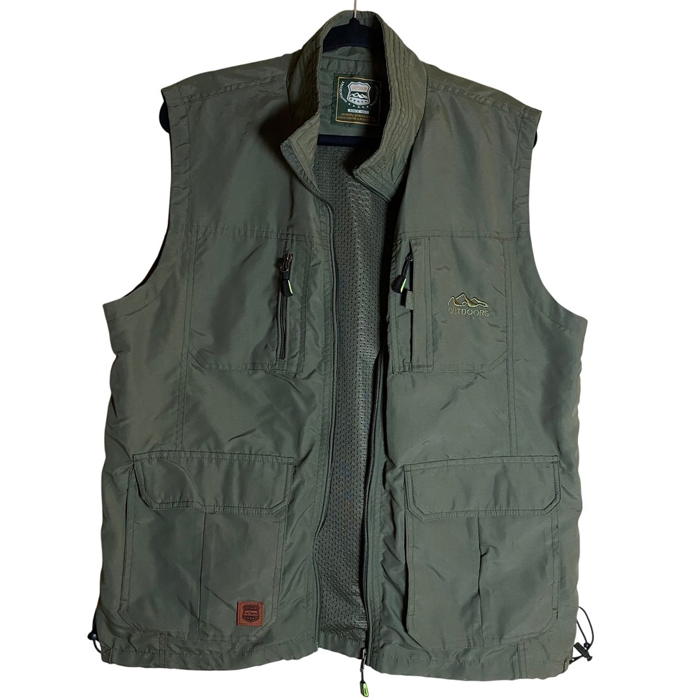 Outdoor Mens Vest Utility Travel Hiking Fishing Pockets Zipper Olive Green